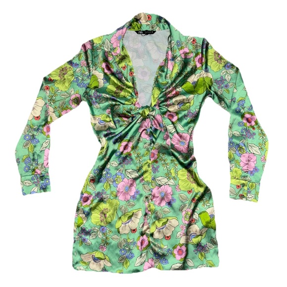 Zara Floral Mini Dress - Green and Pink - Picture 1 of 4